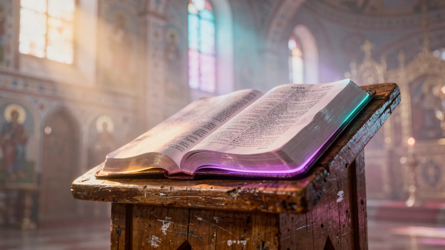 An open Bible on the pulpit